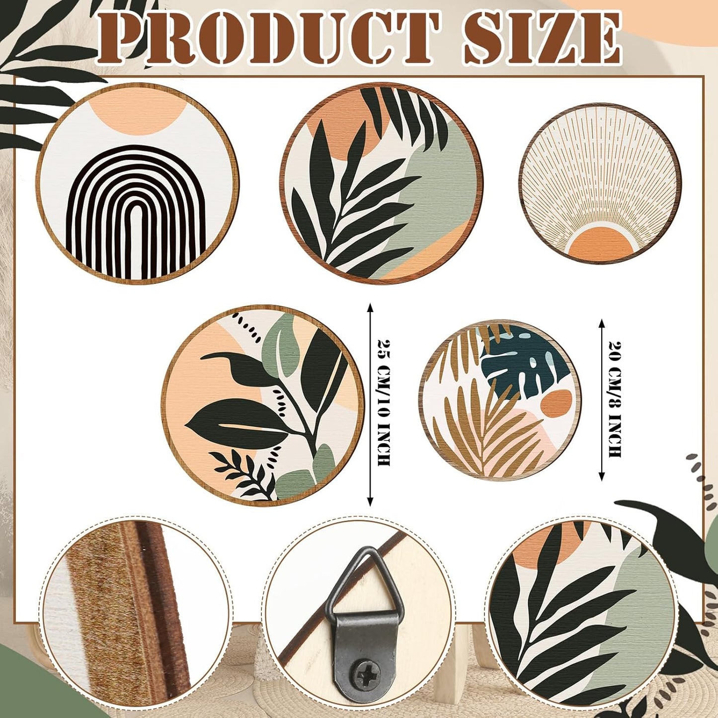 Qunclay 5 Pcs Wall Art Decor Wooden Living Room Wall Decor Bohemian Hanging Farmhouse Geometric 10'' and 8'' Aesthetic Wood Minimalist Posters for Bedroom(Boho, Leaf)