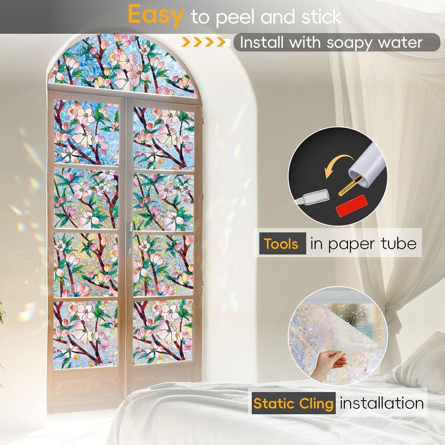 Rainbow Window Privacy Film Decorative, 3D Decals Stained Glass Clings, Static Cling Sticker, Suncatcher Windows Cover Tint for Home, 17.5 Inch x 157.4 Inch