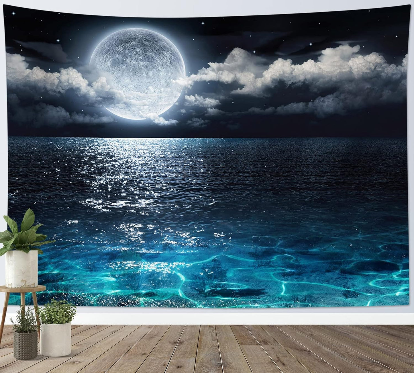 LB Moon Ocean Tapestry - Watercolor Blue Ocean and White Cloud Extra Large Wall Tapestry for Bedroom Starry Night Sky Wall Art for Bedroom Living Room Dorm Decor - 92.5Wx70.9H inches