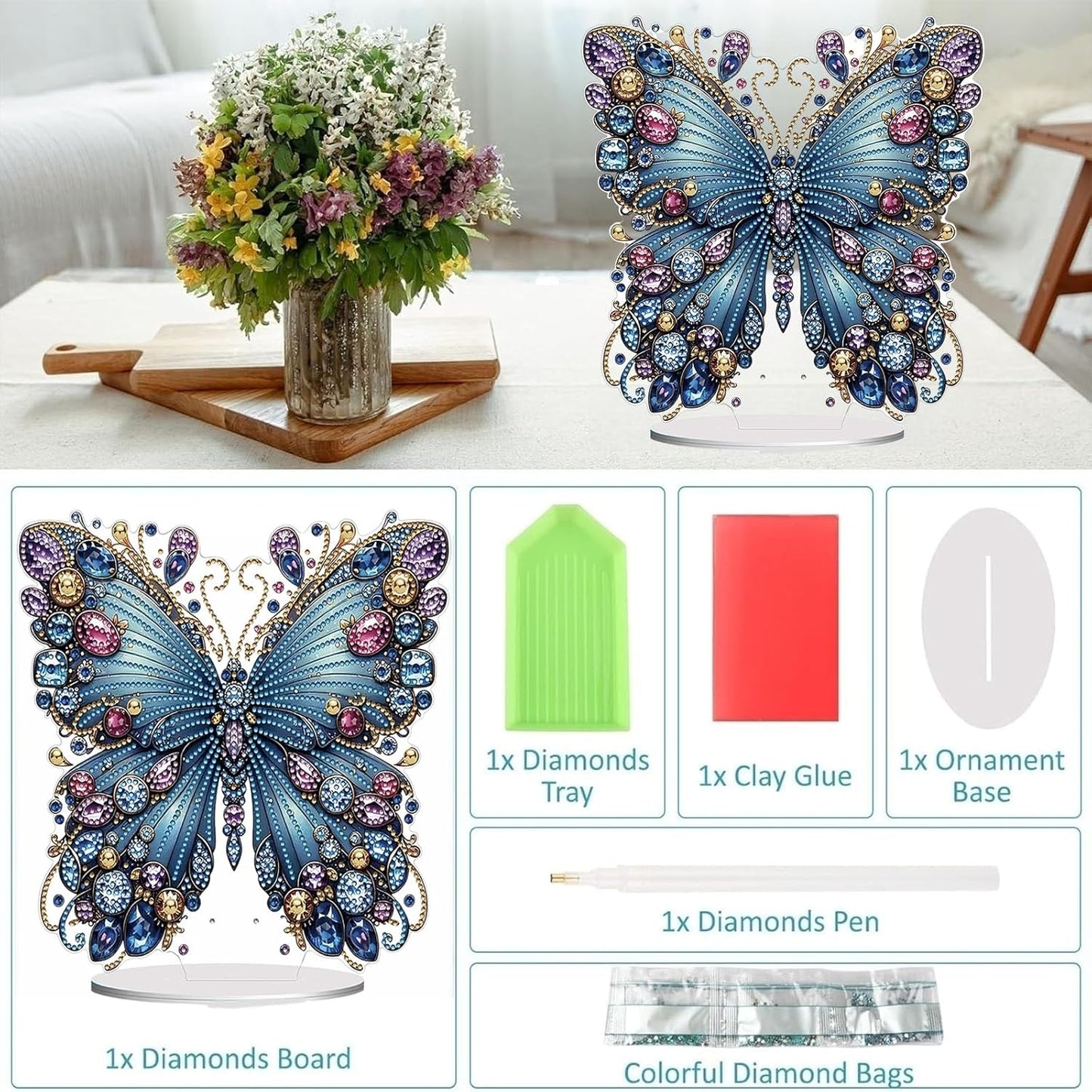 Diamond Painting Kits for Adults Beginners, 5D Full Drill Flowers and Butterfly Crystal Art Desktop Ornament, DIY Single Sided Home Office Desk Decor, Creative Craft Gift Set with Tools