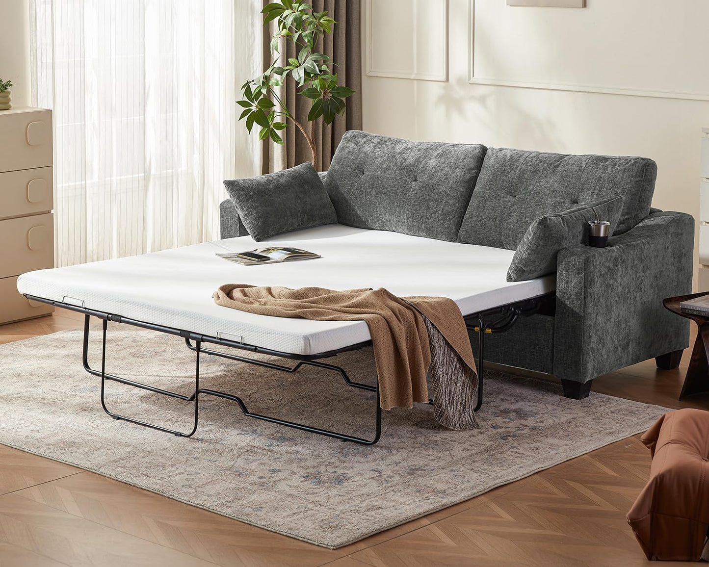 Pull Out Sofa Bed, Full Size Sleeper Sofa, 2-in-1 Convertible Corduroy Couch with USB Charging, Memory Form Couch for Living Room, Apartment and Small Space (Dark Grey, Chenille - Queen Size)