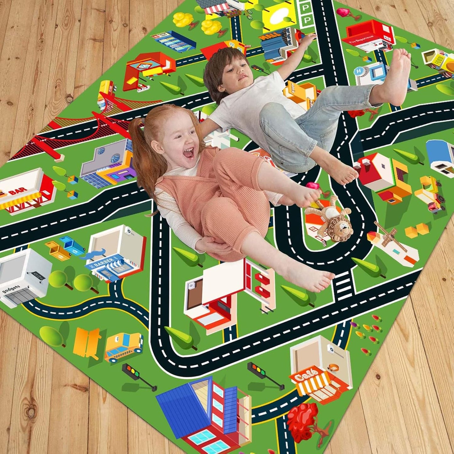 Kids Rug Car Rugs for Kids Toy Cars Play Mat with Rubber Backing City Life Road Rug for Cars Fun City Map for Carpet for Bedroom Boys (RED-Rug, 5.2x7.9ft)
