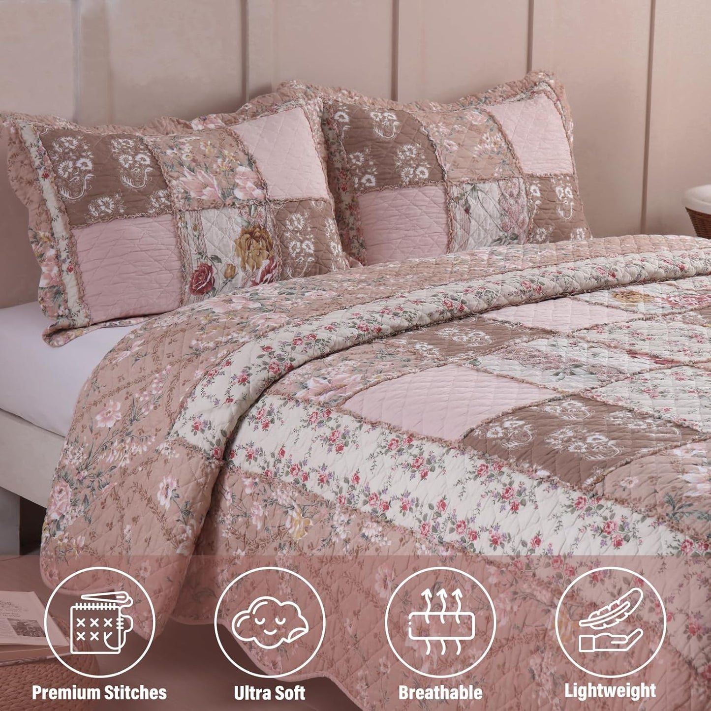 NEWLAKE Quilt Set King Size, Cotton Patchwork Pink Floral Quilt Sets, Real Stitched Embroidery Bedspread Lightweight and Breathable for All Seasons, Soft Quilted with 2 Pillow Shams