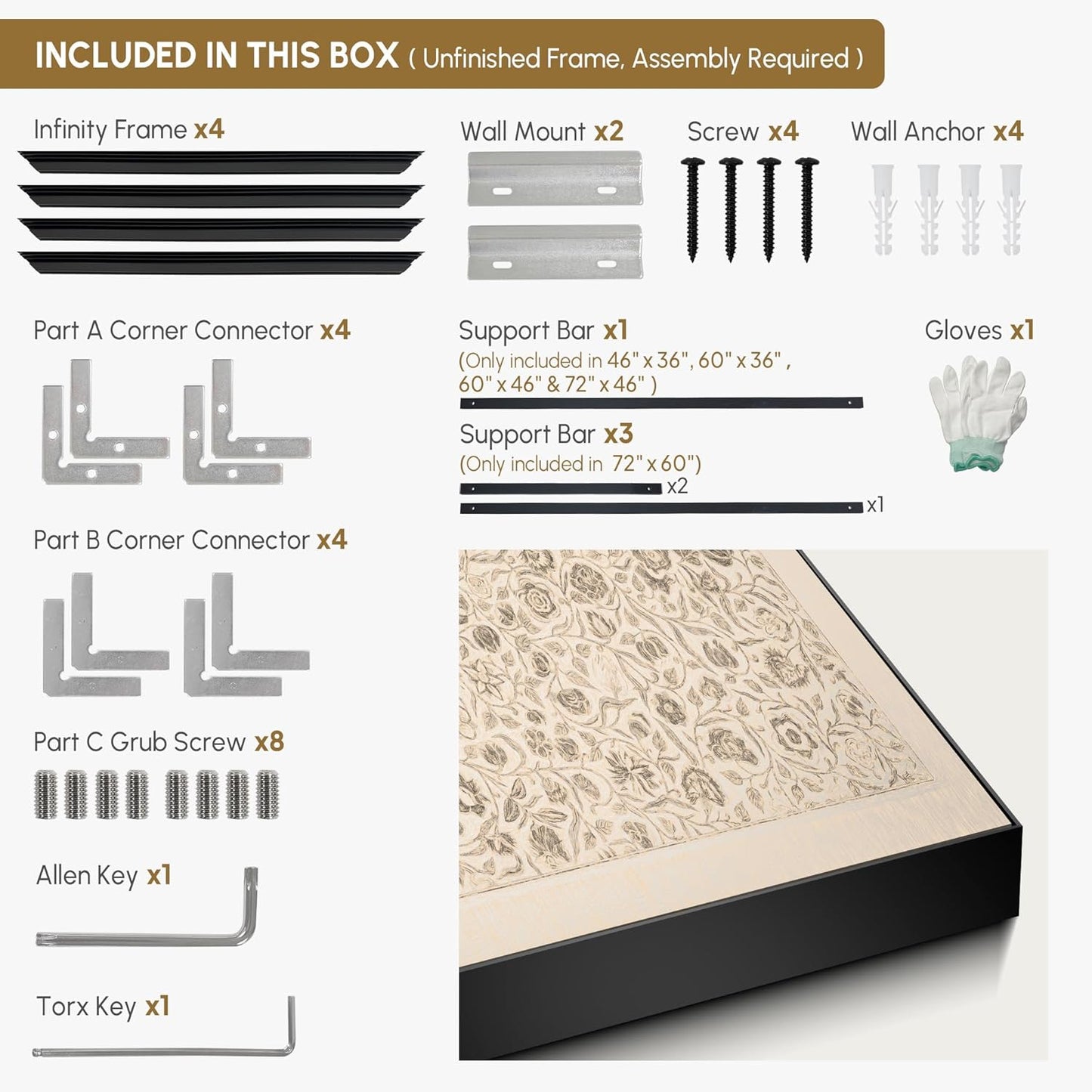 SIGNWIN 46"x60" Extra Large Framed Wall Art Vintage Botanical Sketch with Detailed Floral Pattern, Classic Nature Illustration for Home Living Room Bedroom Decor (Frame Assembly Required)