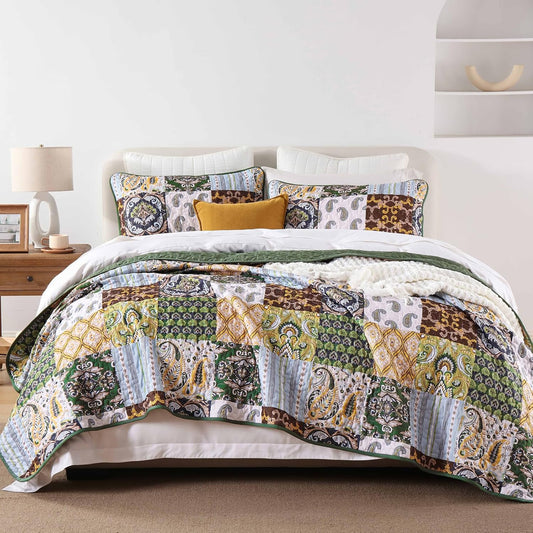 WONGS BEDDING Boho Quilt Set Queen Size, Plaid Patchwork Bedspread Bedding Set Soft Microfiber Quilt for Queen Bed Reversible 3 Pieces Coverlet Set for All Season (Brown Olive 96"x90")