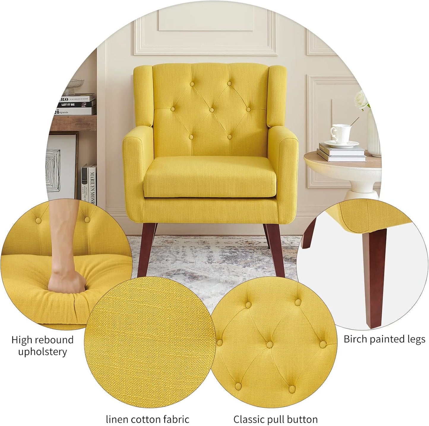 Accent Chair Button-Tufted Upholstered Living Room Chairs Comfy Reading Chair Mid Century Modern Chair with Linen Fabric Lounge Arm Chairs for Living Room Bedroom (Yellow Set of 2)