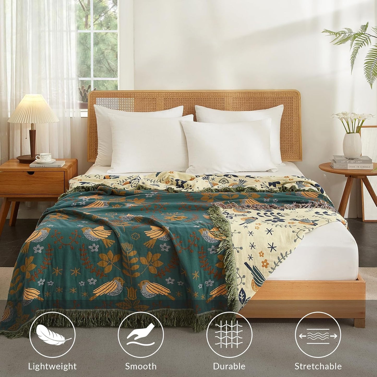 Boho Throw Blanket for Couch Sofa Bed, 100% Cotton Woven Quilt with Tassel 90”x98”, Super Soft Muslin Blanket with Bird Printed, Decorative Reversible Bed Blanket/Cover for All Seasons