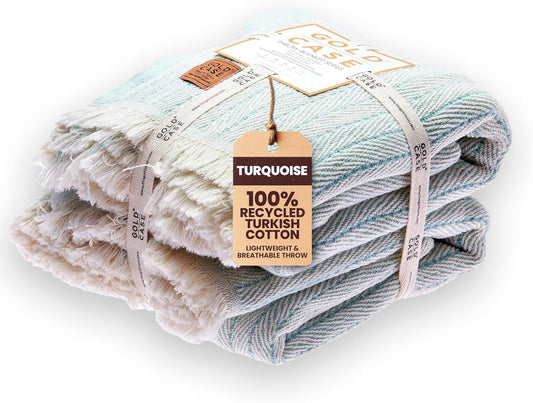 Gold Case Throw Blanket for Couch – 100% Recycled Turkish Cotton Blankets – Elegant Decorative Throw Blankets for Living Room Sofa – Woven Throws for Couch – Vintage Turquoise– 50x60 (Set of 2)