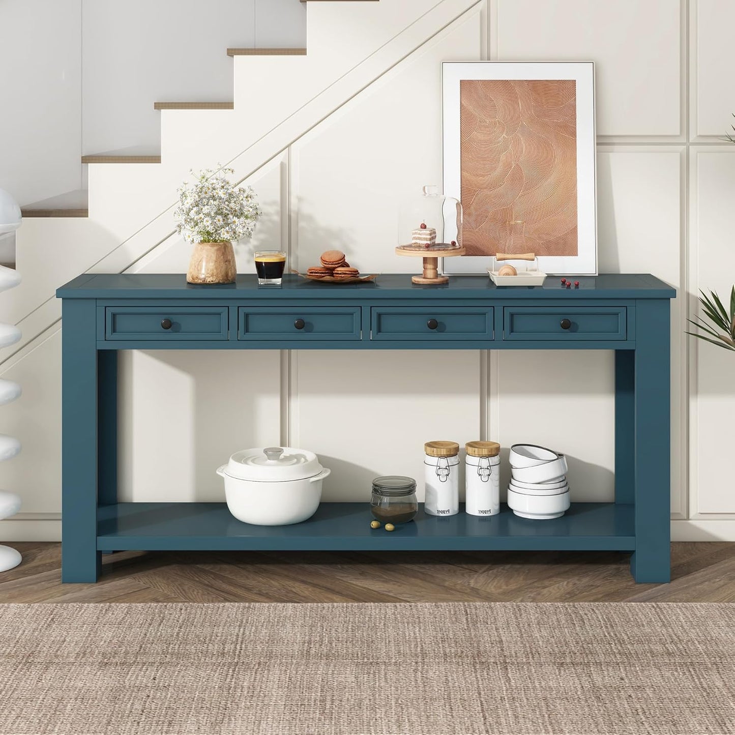 Solid Wood Console Table,63 in Long Sofa Table Entryway Table with 4 Drawers and Bottom Shelf for Hallway Living Room Couch Table,Fully Assembled (63" Dark Blue)