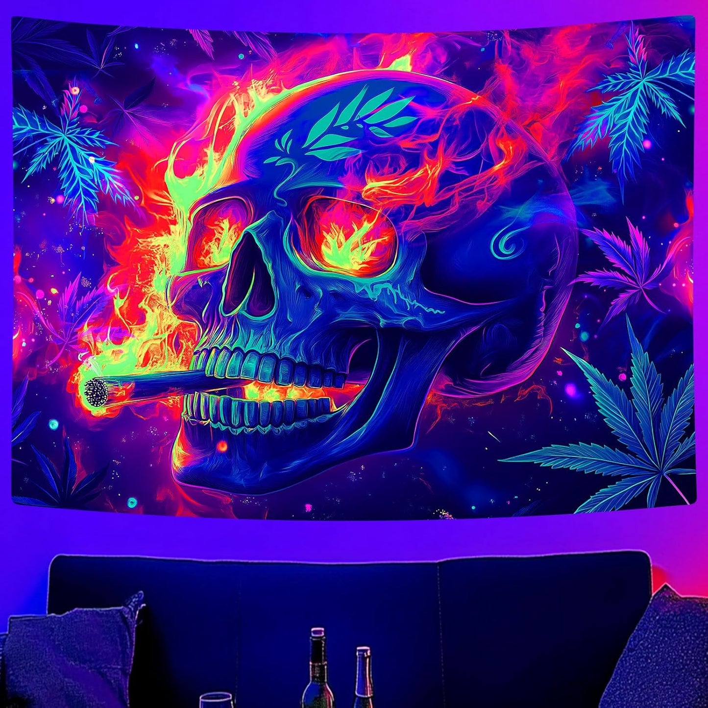 Blacklight Skeleton Tapestry, Glowing Skull UV Reactive Gothic Wall Hanging Tapestries, Glow in the Dark Grim Reaper Magic Horror Face Halloween Poster Tapestry for Bedroom Living Room Decor 70X60IN
