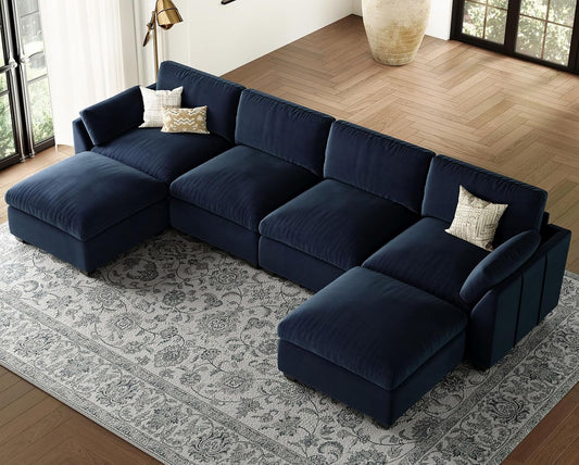 Belffin Sectional Couch with Extra Deep Seat,137.8" Cloud Modular Sectional Sofa,Convertible 6-Seater U Shaped Couches for Living Room,Oversized Comfy Velvet Blue Couch
