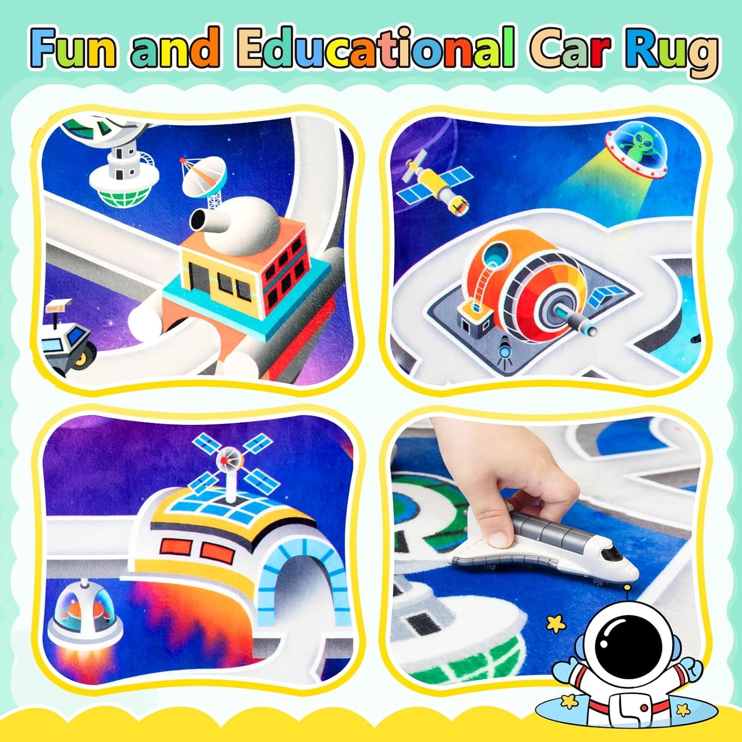 Kids Rug, Space Themed Baby Play Mat, 5x7 Ft Playroom Rug, Colorful Cartoon Outer Space, Planet, Rocket, Spaceship Road Carpet for Playroom, Educational Learning Carpet for Kids Mat