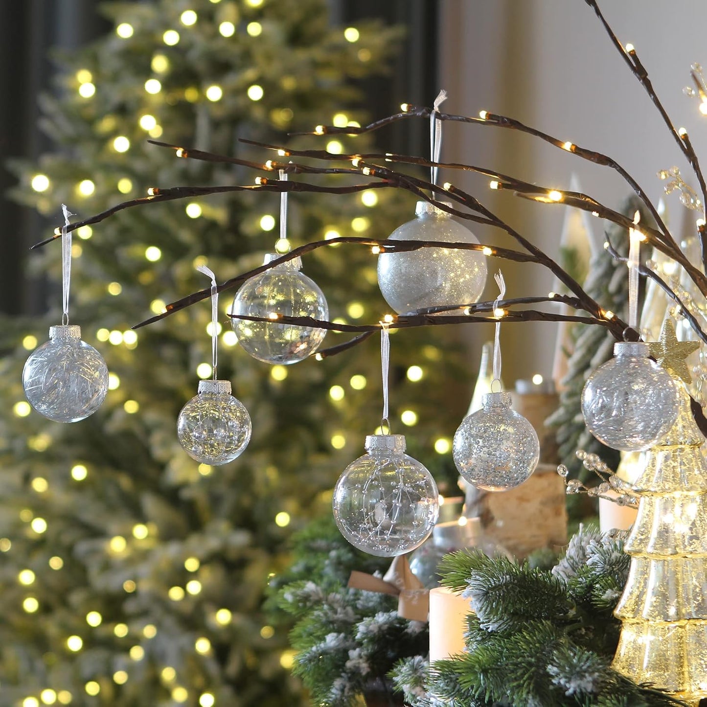 Sea Team Shatterproof Clear Plastic Christmas Ball Ornaments Decorative Xmas Balls Baubles Set with Stuffed Delicate Decorations (100mm/3.94 inch 16-Pack, Silver)