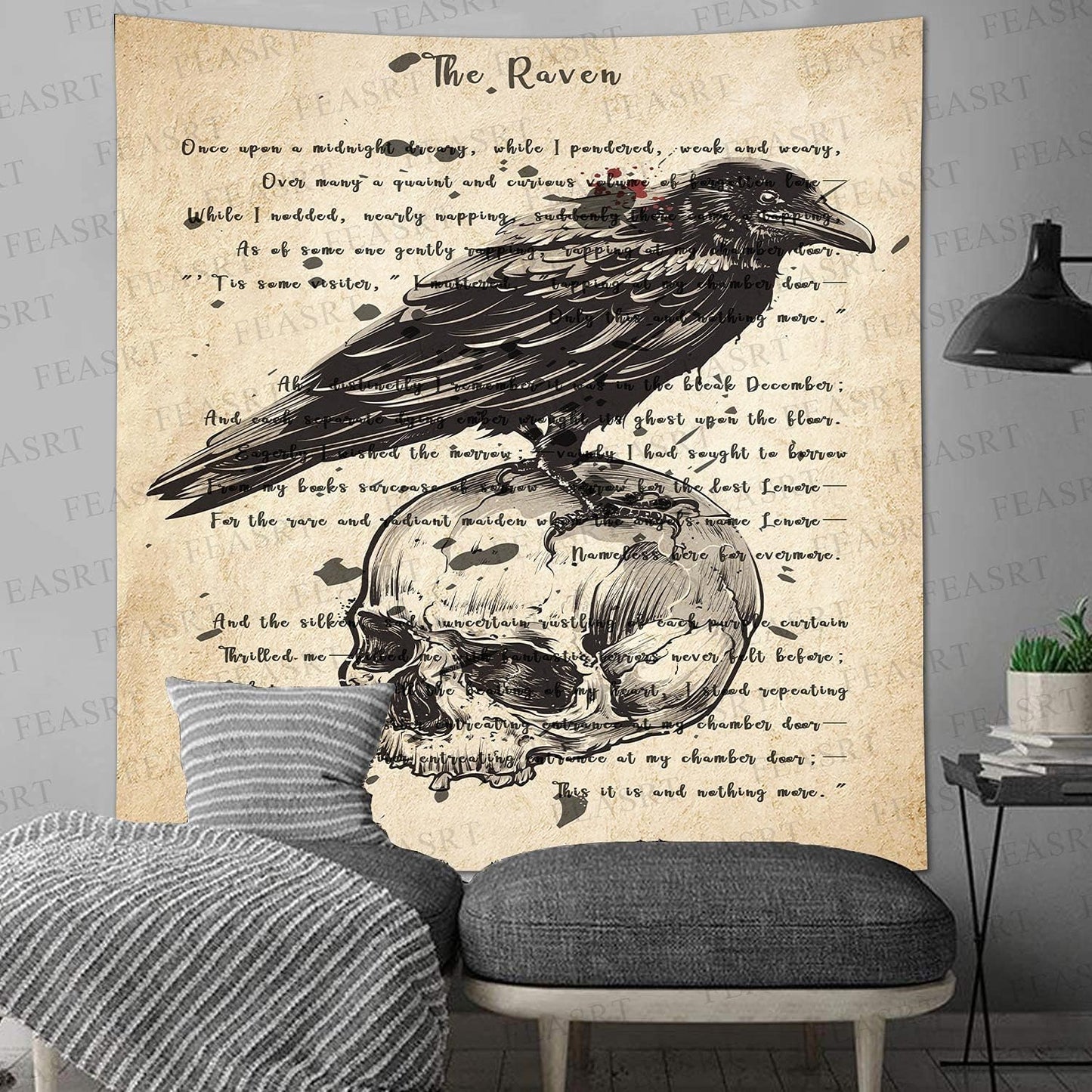 Tapestry Wall Hanging Ancient Raven Hymn Wall Decor for Gothic Rustic Home Room, 84x90 Inches Soft Flannelette, Gothic Skull and Raven Dictionary Poster GTQQAY1546
