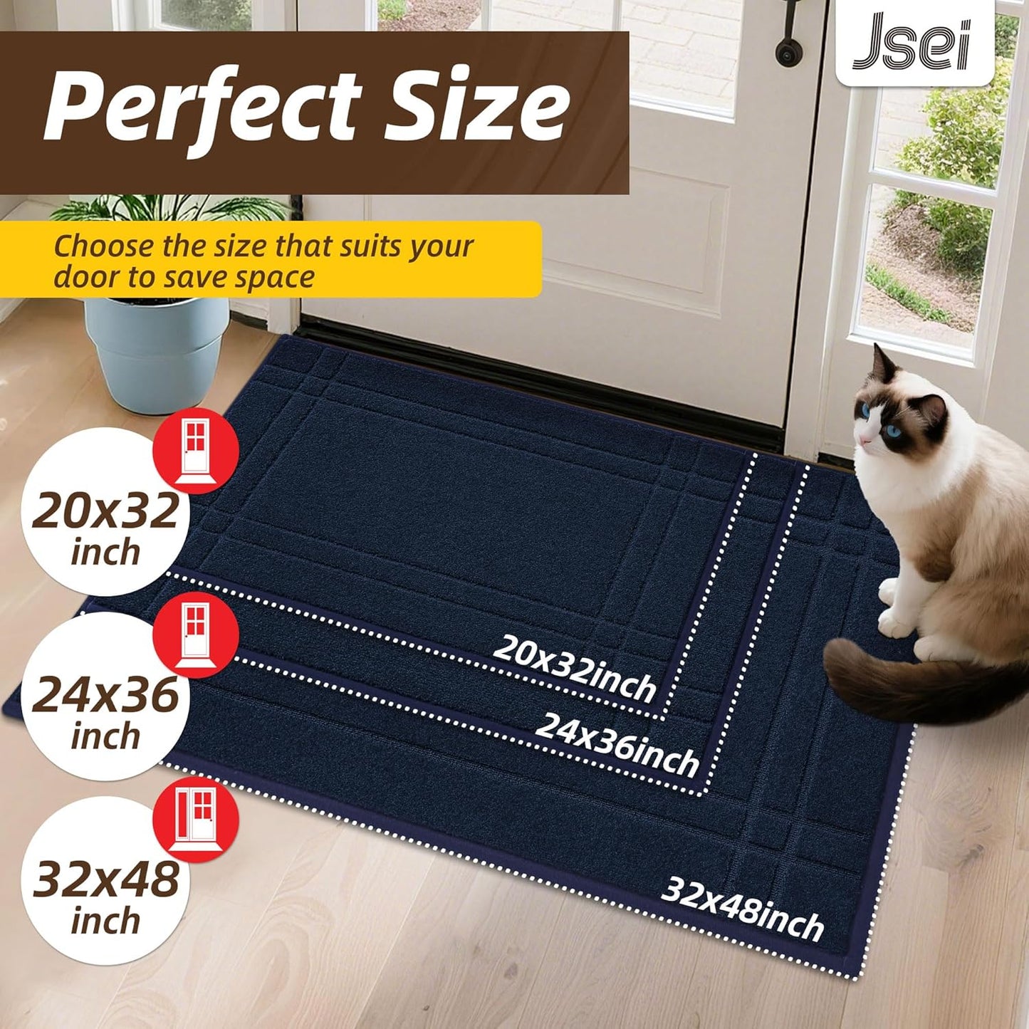 JSEI Entryway Rugs Doormat 24"x36", Non-Slip Dirt Trapper Door Mats Indoor, Washable Absorbent and Stain Resist Welcome Floor Mat for Front Door, Dog Door Mat, Muddy Wet Shoes & Paws, Navy Blue