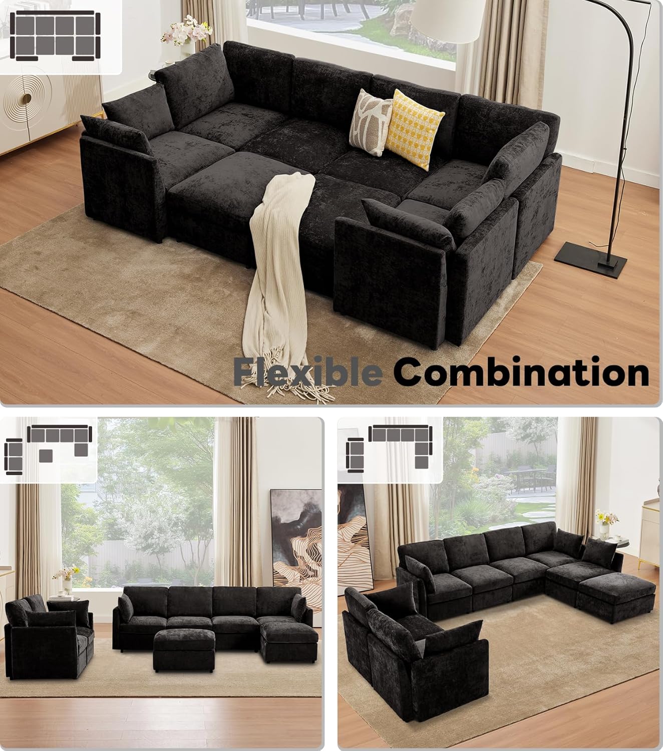 Tbfit U Shaped Couch 8 Seat, Sectional Sofa for Living Room,Chenille Cloud Couch with Ottoman, Black