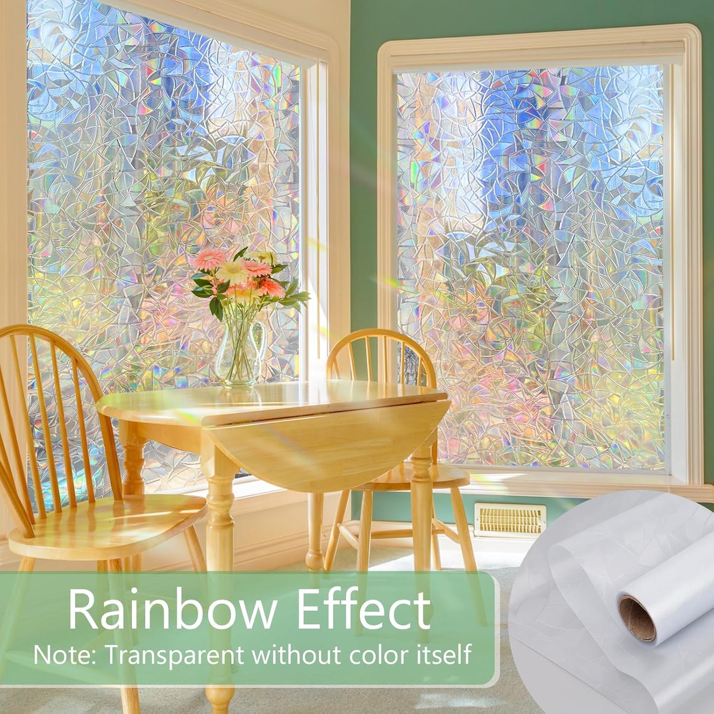 HIDBEA Window Privacy Film Static Clings, Rainbow Window Film, 3D Decals Non-Adhesive Window Vinyl Film for Home Door, 35.4 Inch × 6.5 Feet