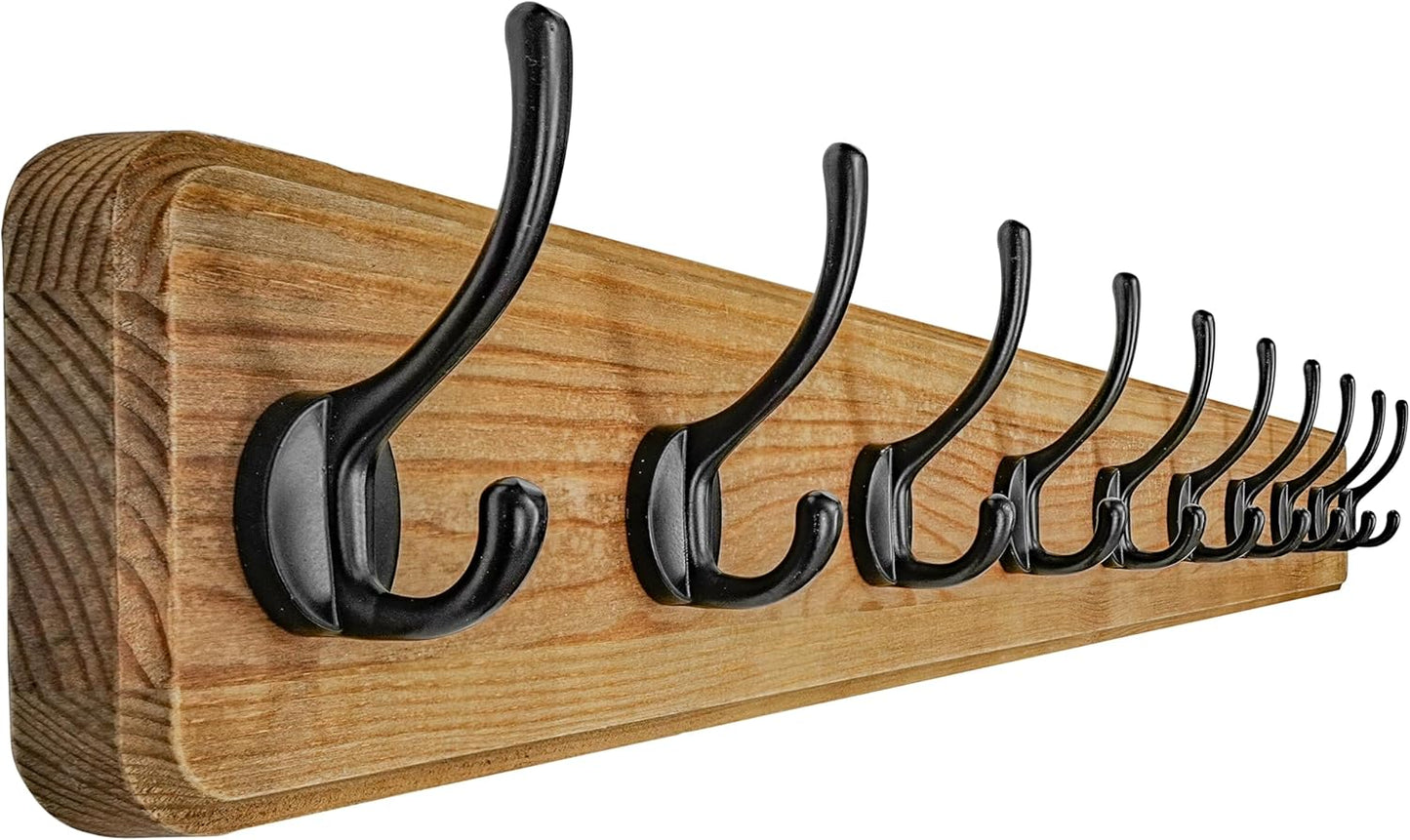 Dseap Coat Rack Wall: 38-1/4" Long, Patented, Heavy-Duty, 10-Double-Hooks Wooden Wall Mounted Coat Rack Coat Hanger Hook Rail for Winter Coats Hat Jacket Clothing, Weathered Brown