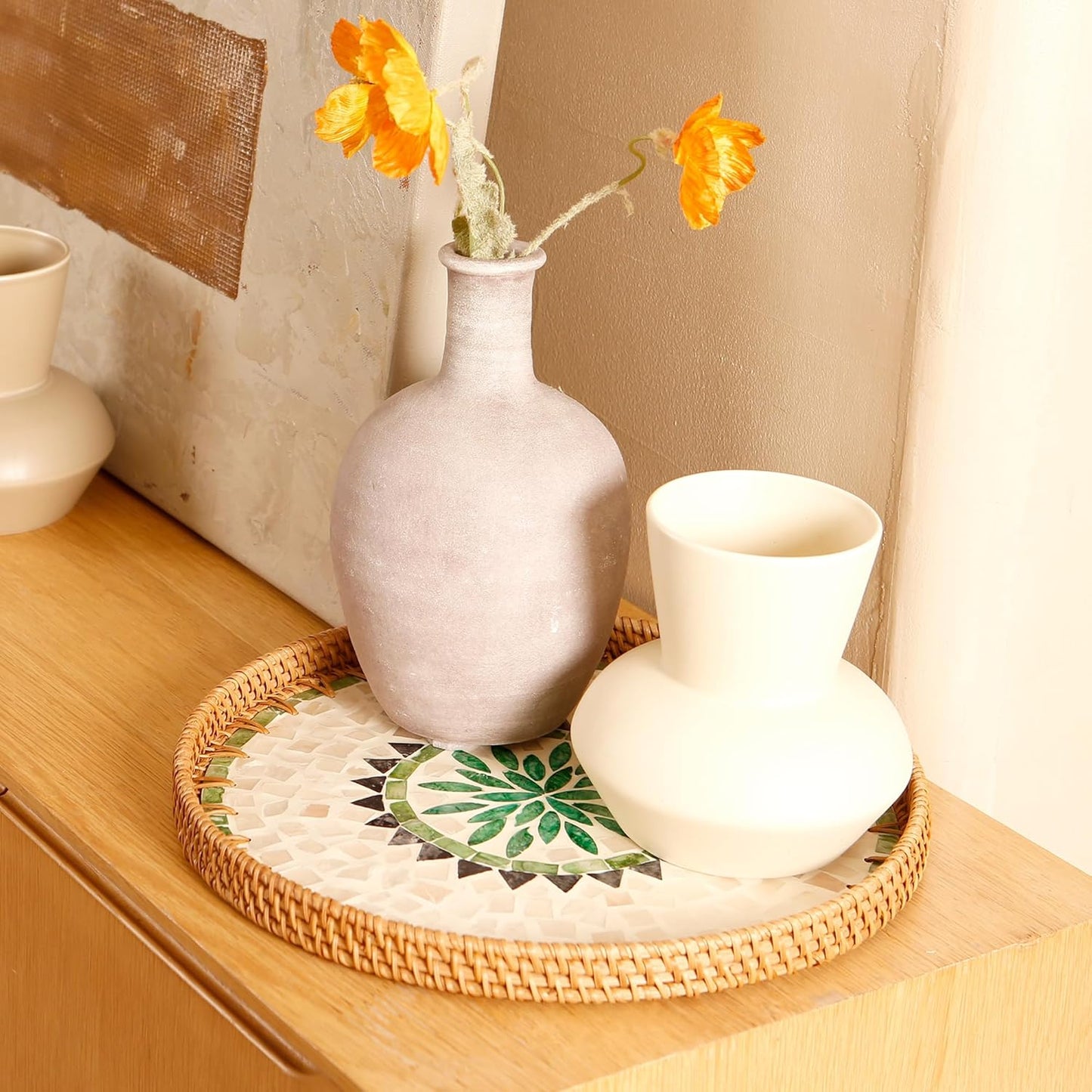 Round Rattan Tray with Mother of Pearl Inlay & Wooden Base - Decorative Wicker Serving Tray for Coffee/Bread/Fruits, Food Storage & Display - Multipurpose Home Decor (L,Bohemia)