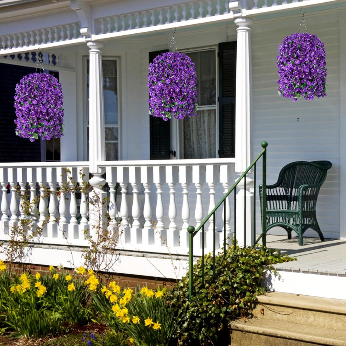 Artificial Faux Hanging Flowers Plants Basket for Outdoor Outside Porch Decoration, UV Resistant Fake Silk Purple Morning Glory Trailing Vines Realistic for Summer Home Balcony Yard Patio