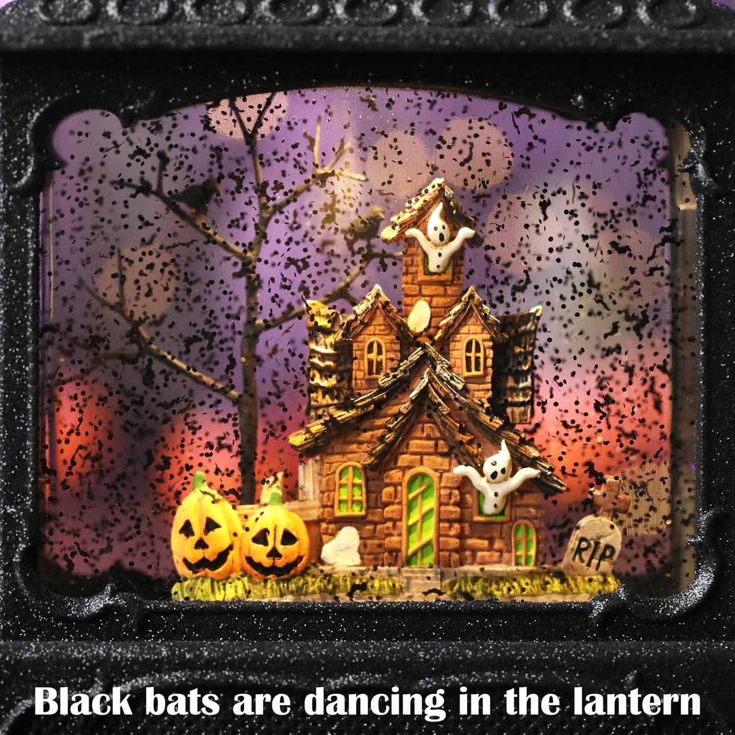 Halloween Snow Globe Lantern Haunted House Pumpkin Ghost Tree Crow Rip Dancing Bats with Timer, USB and Battery Powered 12 inch
