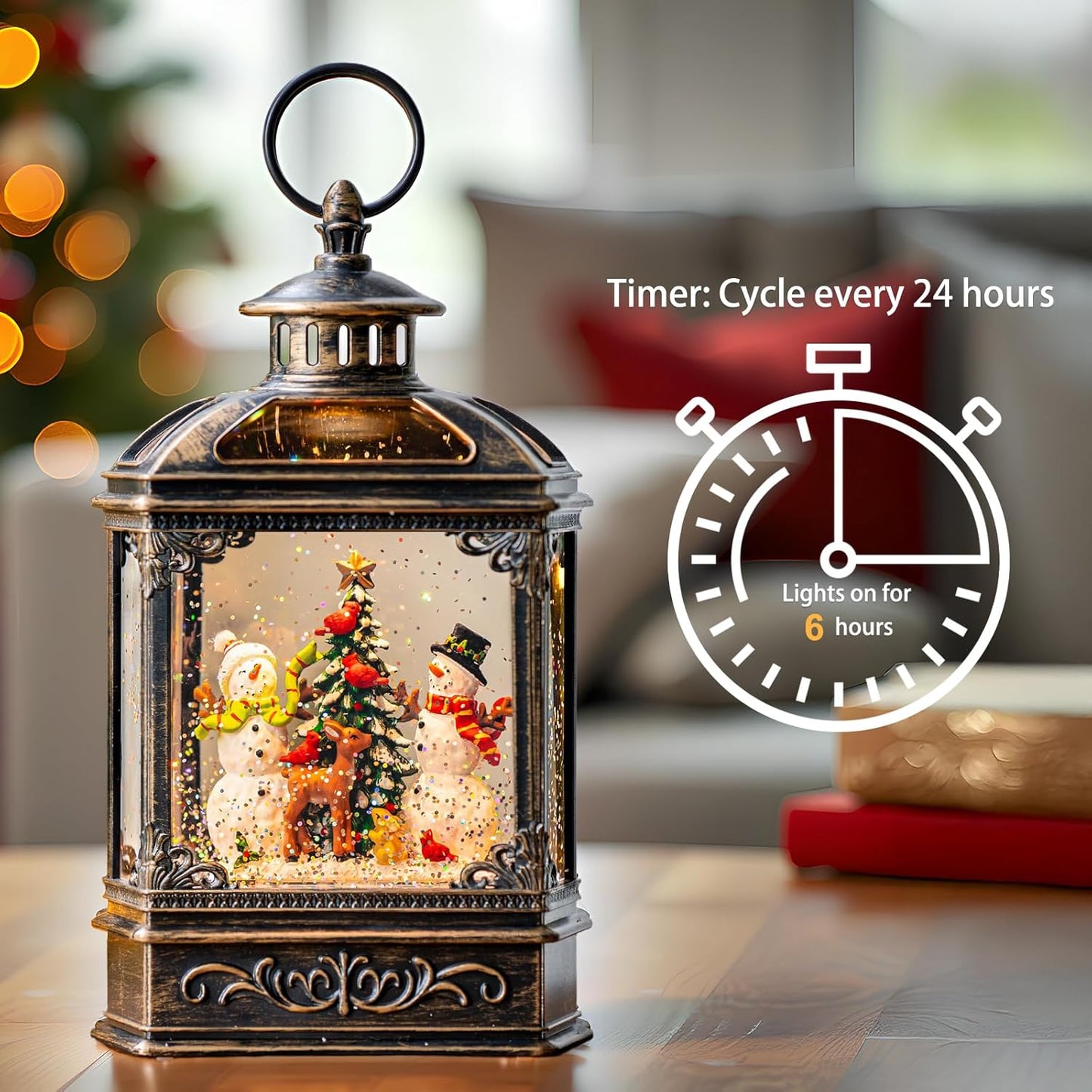 Christmas Snow Globes Lantern Christmas Snow Globe with Music Snowman and Christmas Tree,6H Timer,USB Lined/Battery Operated Lighted Lantern for Christmas Festival Decoration Gifts