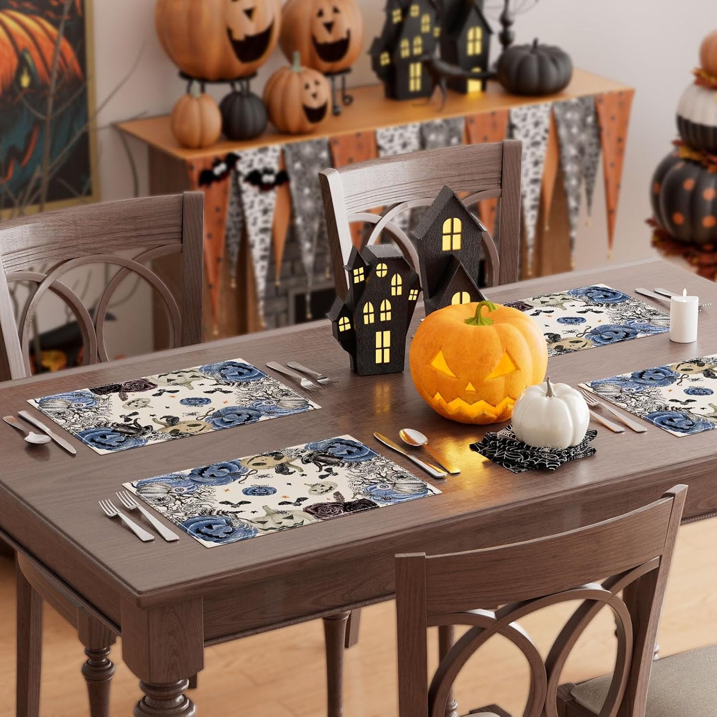 XCHI Spooky Blue Pumpkin Halloween Placemats Set of 4 Table Mats for Party Home Kitchen Dining Table Decorations 12x18 Inch