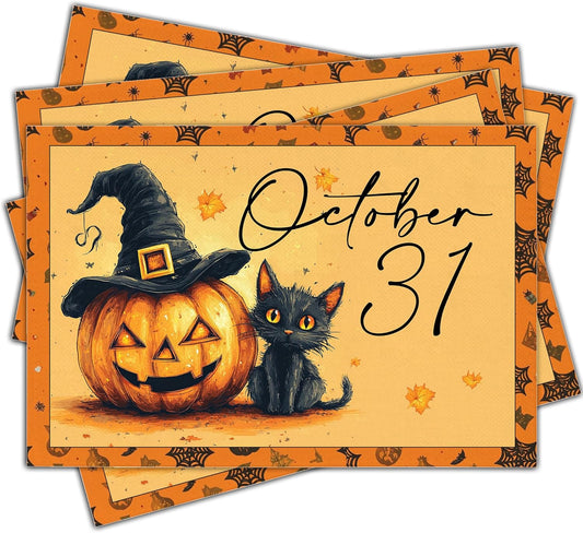 Halloween Pumpkin Placemats Set of 4, 12x18 Inch Pumpkin and Black Cat Table Mat, Washable Heat Resistant Place Mats for Kitchen Dining Table, Spooky Themed Decoration for Home-B09
