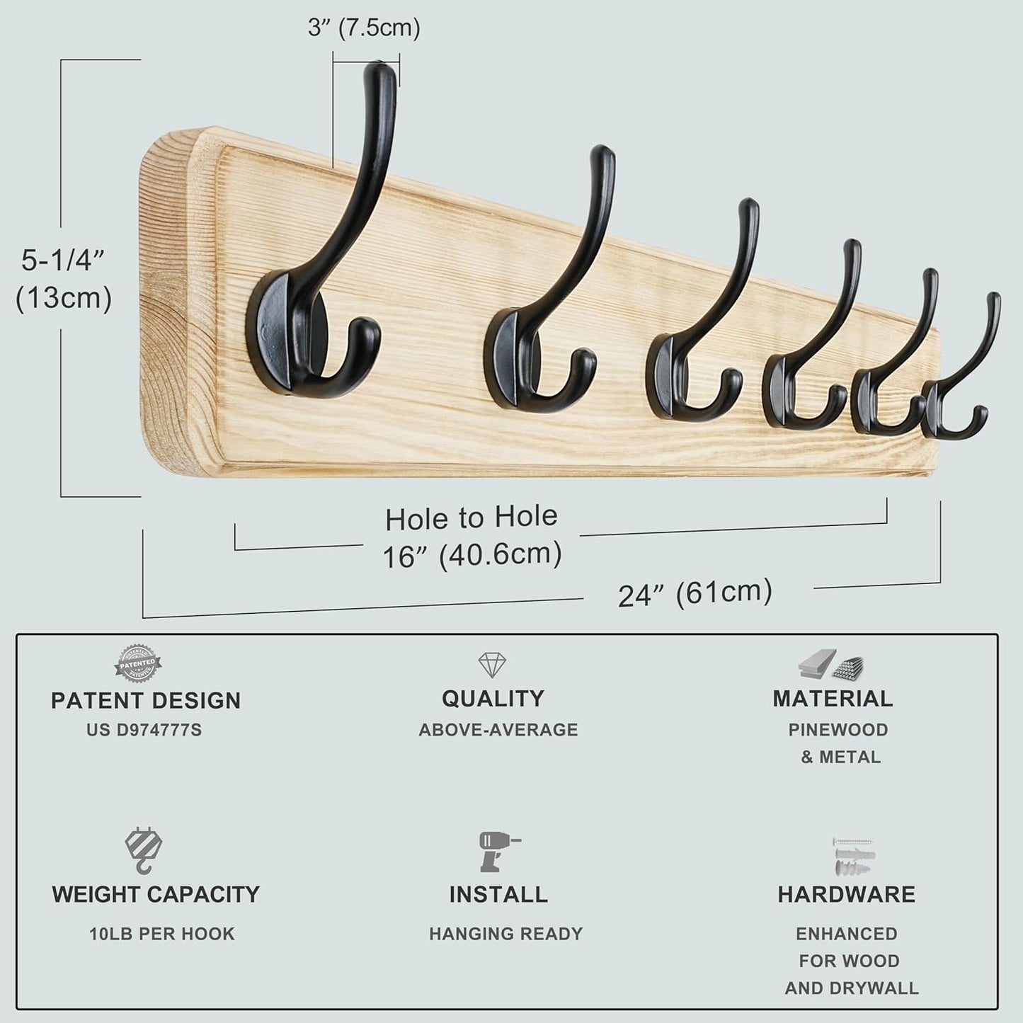 Dseap Coat Rack Wall: 24" Long, Patented, Heavy-Duty, 6-Double-Hooks Wooden Wall Mounted Coat Rack Coat Hanger Hook Rail for Winter Coats Hat Jacket Clothing, Light Brown