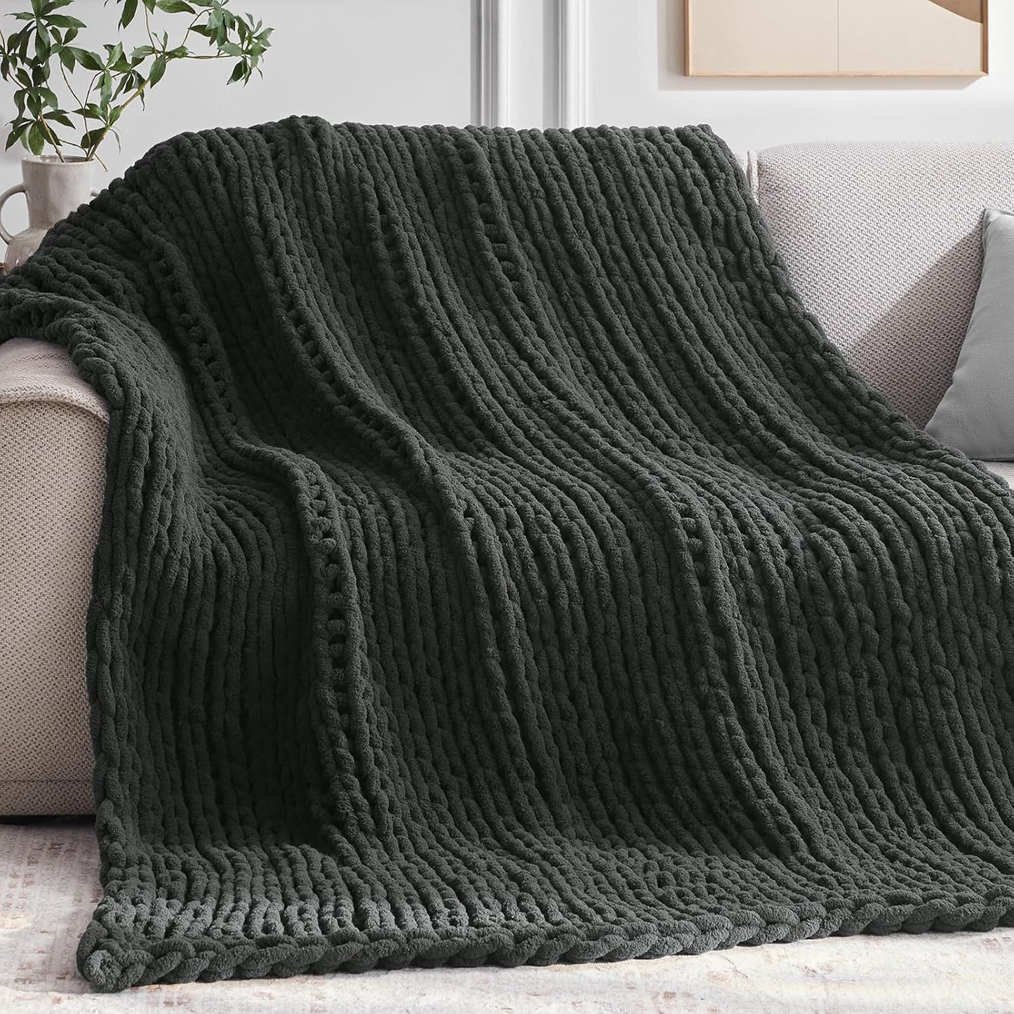 Chunky Knit Throw Blanket, 30''*40'' Knitted Throw Chenille Yarn for Bed Couch, Handmade Dark Grey Crochet Big Thick Blanket, Machine Washable Cute Comfy Blanket for Home Decor