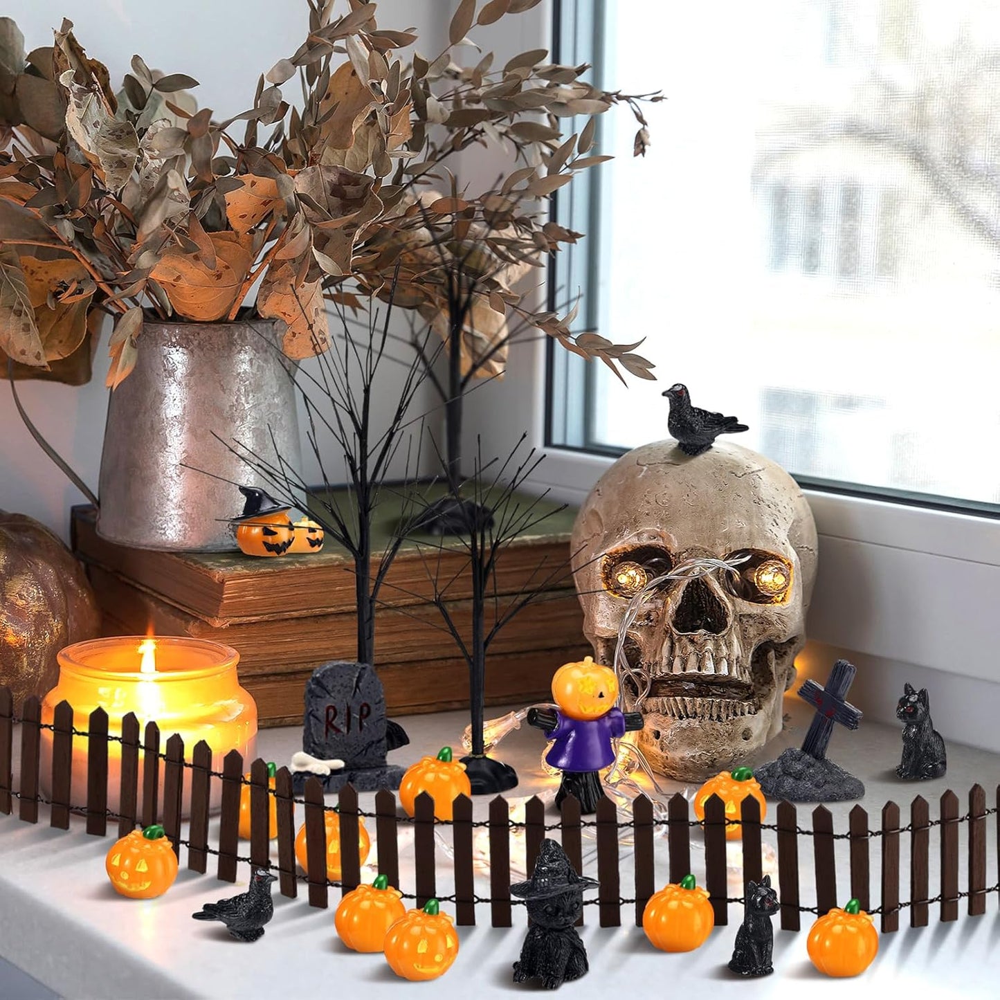 Wesiti 30 Pcs Halloween Village Accessories Set Miniature Halloween Figurines Village Trees Cat Pumpkin Tombstones Figurine Horror Miniature Accessories for Garden Decor