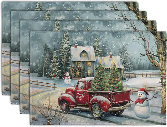 Red Truck Xmas Tree Snowman Christmas Placemats Set of 4 Winter Snowflake Vintage Farmhouse Rustic Place Mats 12x18 Inch Seasonal Christmas Holiday Washable Table Mats for Party Kitchen Dining Decor