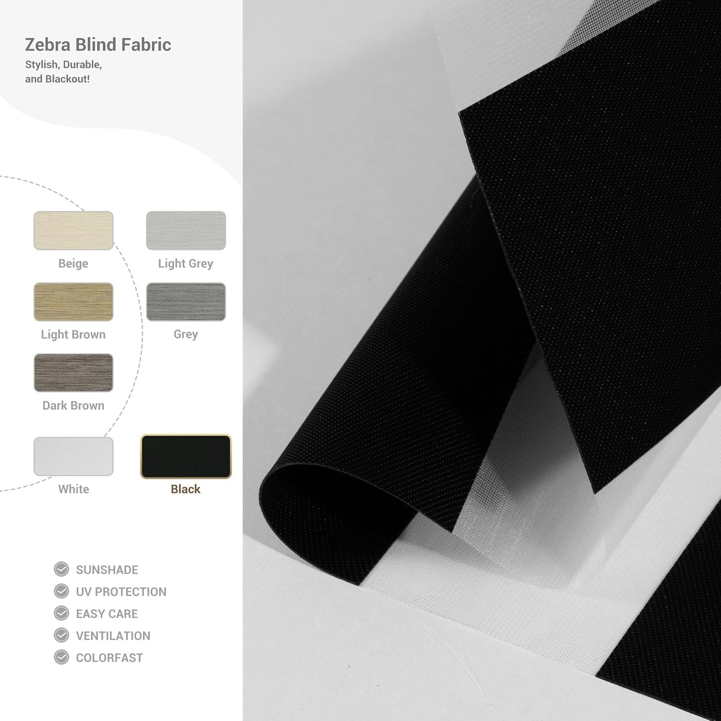 Cordless Zebra Blinds for Windows, Blackout Interior Blinds,Easy to Install,UV Protection,for Offices and Home,Custom Roller Shades, Solid Black, 85" W x 72" H