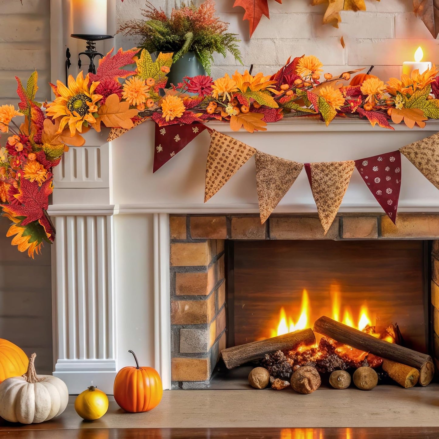 GENMOUS 6ft Fall Maple Leaves Garland, Artificial Sunflower Autumn Wreath with Small Pumpkins Home Decor for Thanksgiving, Halloween, Wedding, Fireplace Porch Indoor Outdoor Fall Decoration
