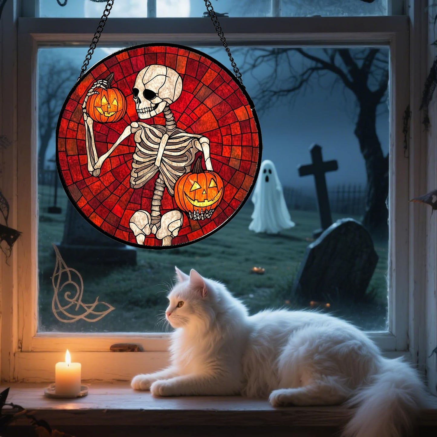 Stained Glass Window Hanging - Halloween Decorations Skeleton Pumpkin Suncatcher for Doors Garden Indoor Spooky Funny Sun Catchers Gothic Decor Horror Gifts for Women Men Friend 11.8 in