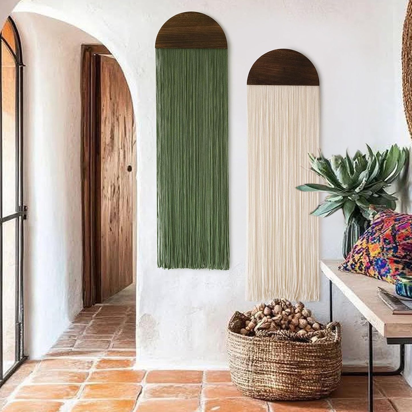 Flber 2 Pcs Macrame Wall Hanging Boho Decor Wall Tapestry Handmade Round Tassel 13.7" W x 51" L For Living Room Bedroom Headboard Decor