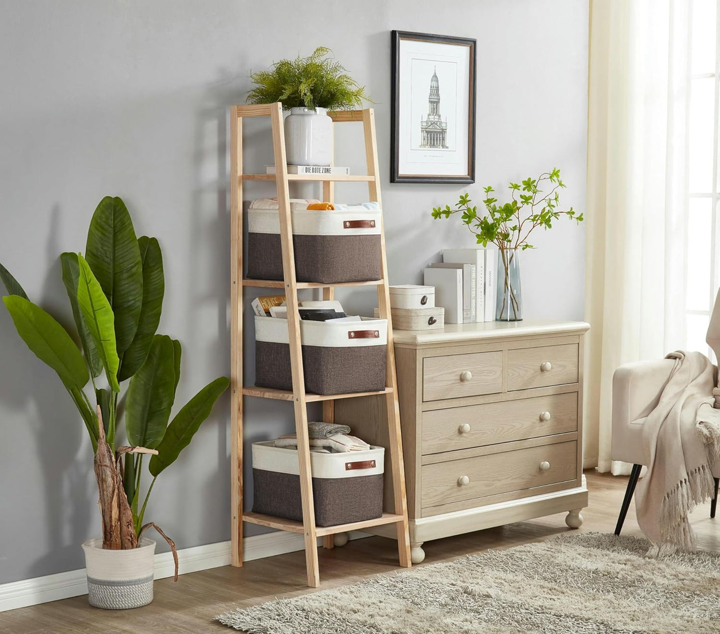 DECOMOMO Storage Bins Fabric Storage Baskets for Shelves, Linen Closet Organization Toys Nursery (Brown and White, Large - 3 Pack)