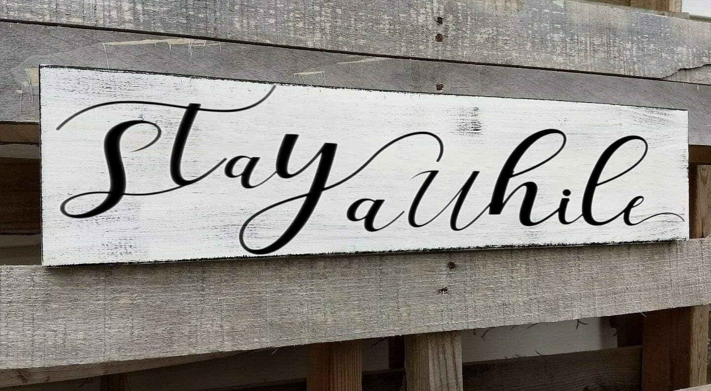 Farmhouse Stay Awhile Wood Sign, Entryway Sign Farmhous Wall Decor, Rustic Wall Art for Housewarming Gift (Stay Awhile) 4x16 Inch