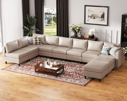 Oversized 172.5" Faux Leather Modular Sectional Sofa, Modern Large 10 Seater U Shaped Couch with Storage Seat with Reversible Chaise Deep Seat for Living Room DIY Combination - Whitesand