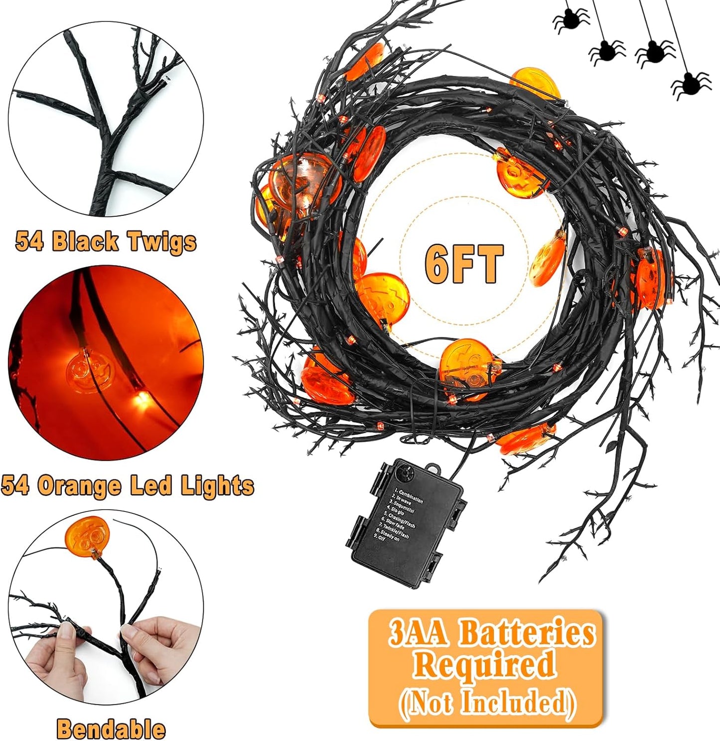 [ 8 Modes & Timer ] Halloween Willow Vine Twig Decor Garland with Pumpkins, 6 FT 54 LED Battery Operated for Indoor Halloween Decorations Home Mantle Fireplace