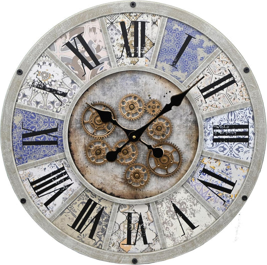 Unique Moving Gear Large Wall Clock 21inch-Battery Powered. Retro Industrial Steampunk Country Farmhouse Decor for The Living Room Kitchen Bars cafes Offices(whith/metal/21)