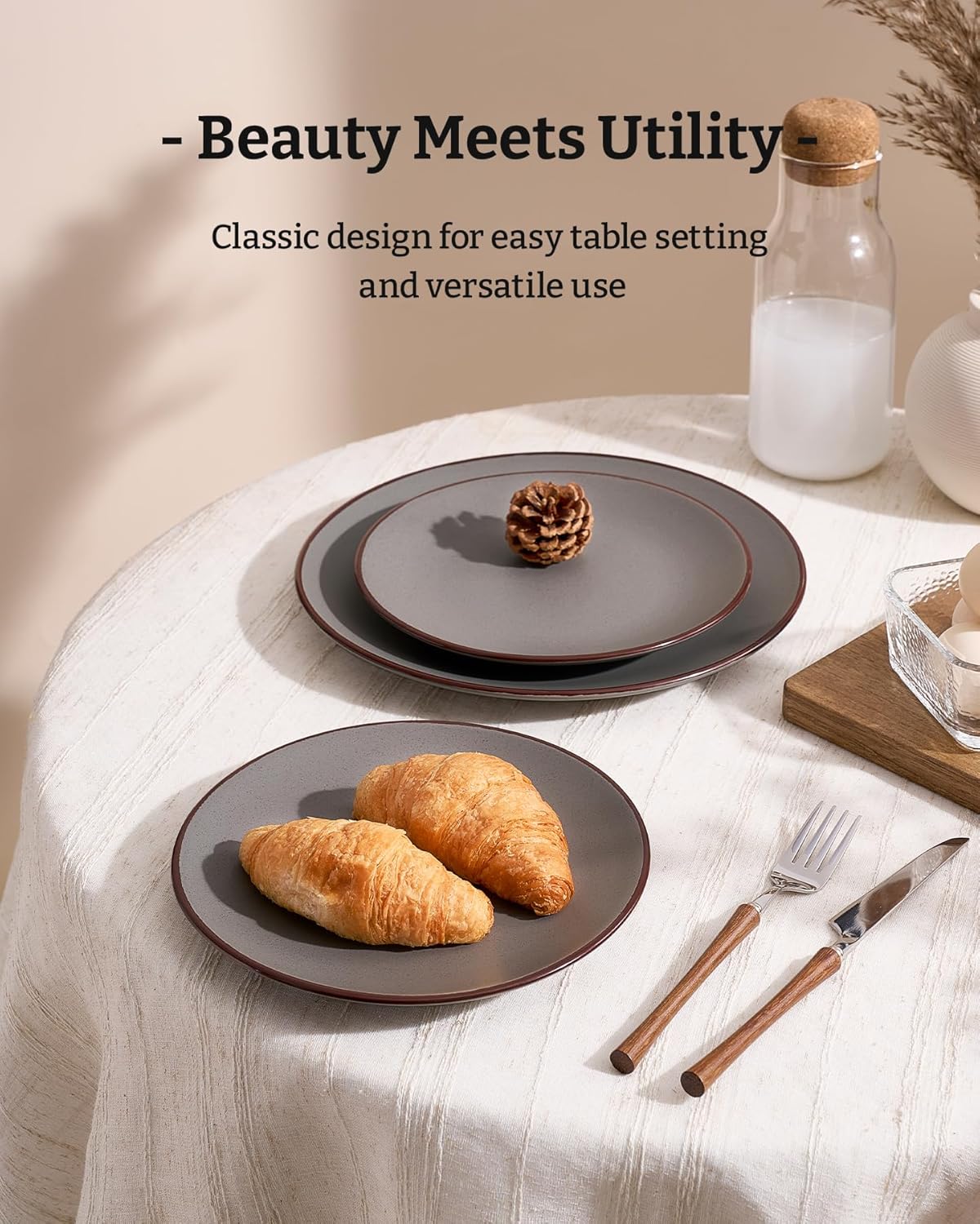 Famiware Venus Plates and Bowls Sets, 18 Pieces Stoneware Dinnerware Sets, Speckled Dishes Set for 6, Microwave and Dishwasher Safe, Matte Dark Grey