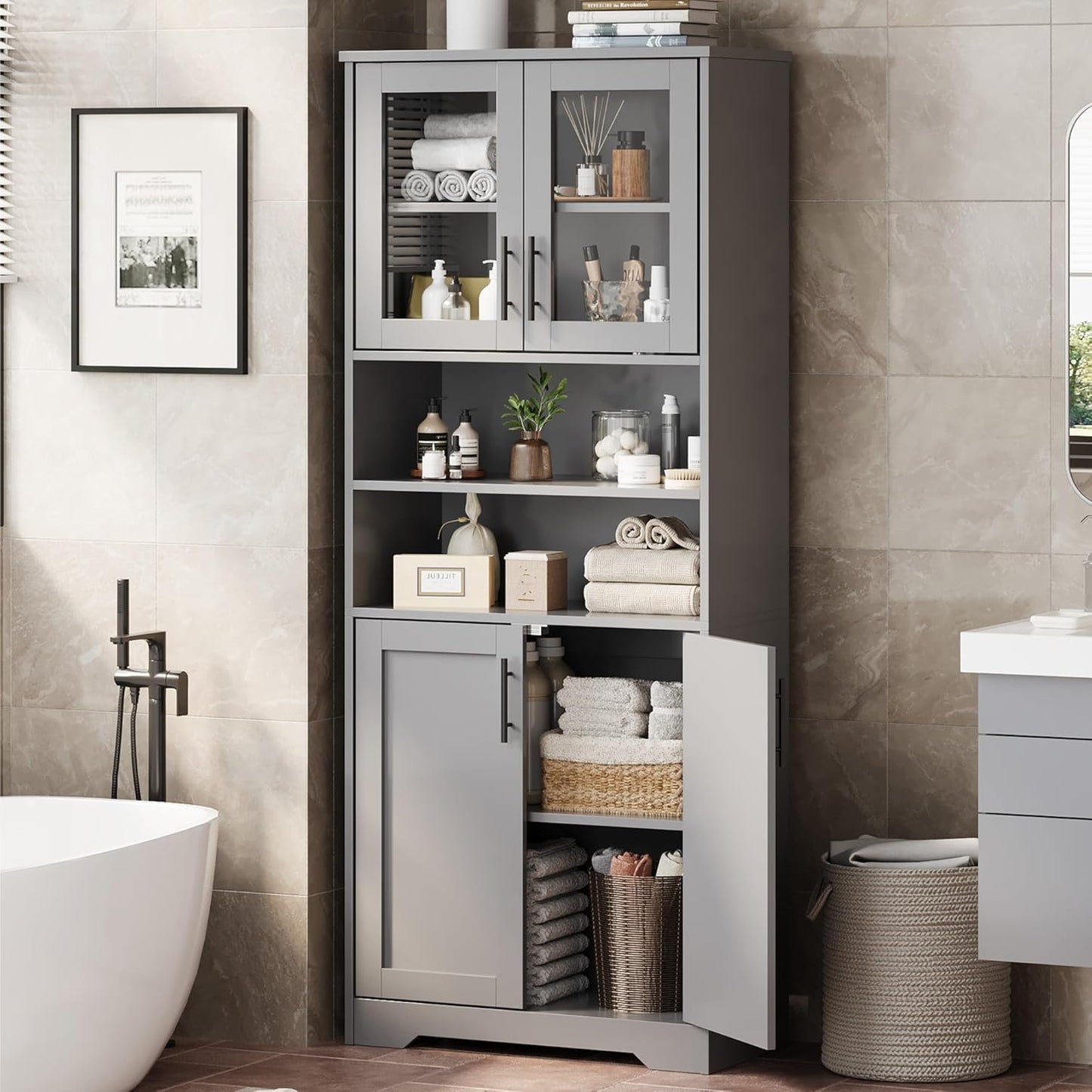 GarveeHome 67" Tall Storage Cabinet, Tall Bathroom Cabinet with Glass Doors and Adjustable Shelves, Freestanding Kitchen Pantry Cabinets, Cupboard for Living Room, Dining Room, Gray