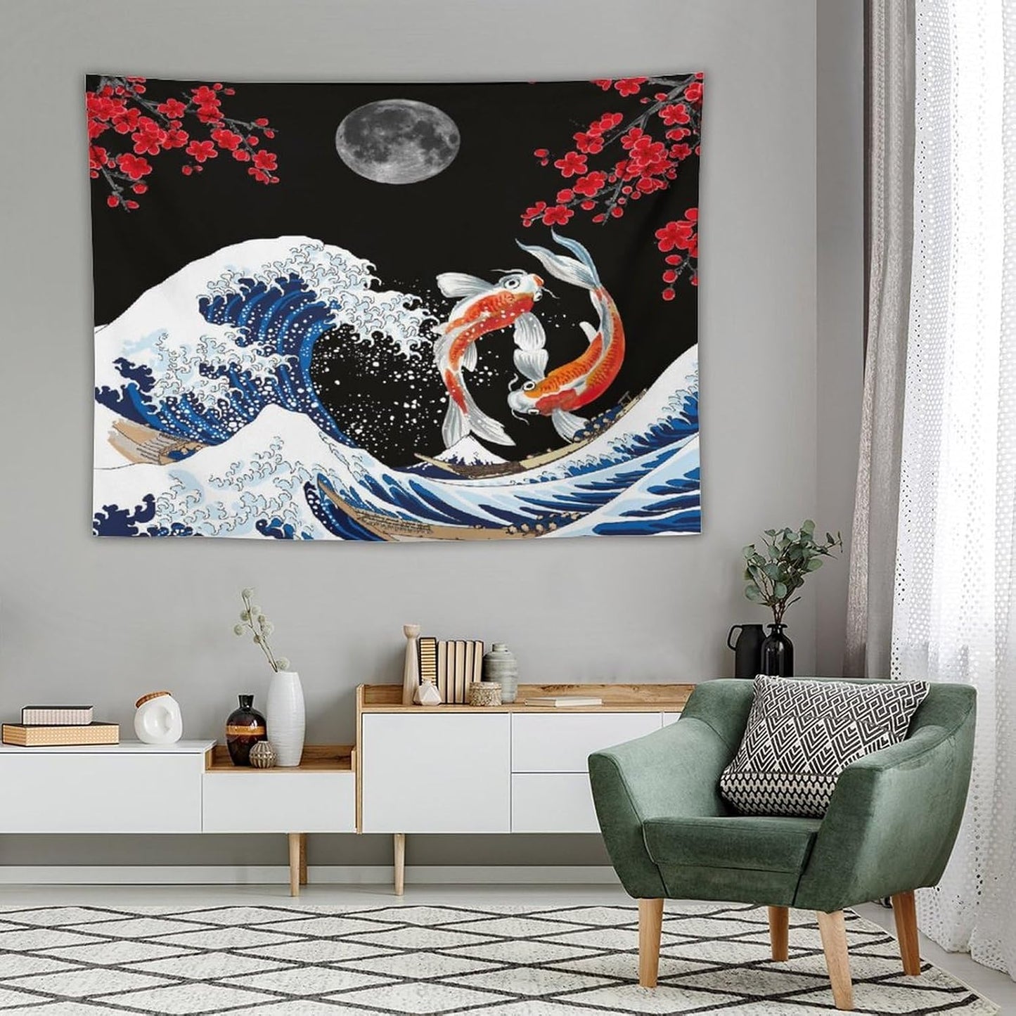 Houselerax Japanese Koi Fish Tapestry, Yin Yang Big Wave Red Cherry Blossom Tapestries Wall Hanging for Bedroom Living Room Office Decor 80"x60"