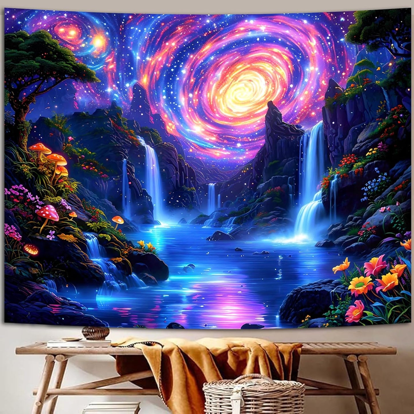 Manicer Blacklight Galaxy Waterfall Neon Tapestry – UV Reactive Glowing Cosmic Spiral Sky Glow in the Dark Nature Fantasy Landscape Wall Art for Bedroom – 51.2" x 59.1"