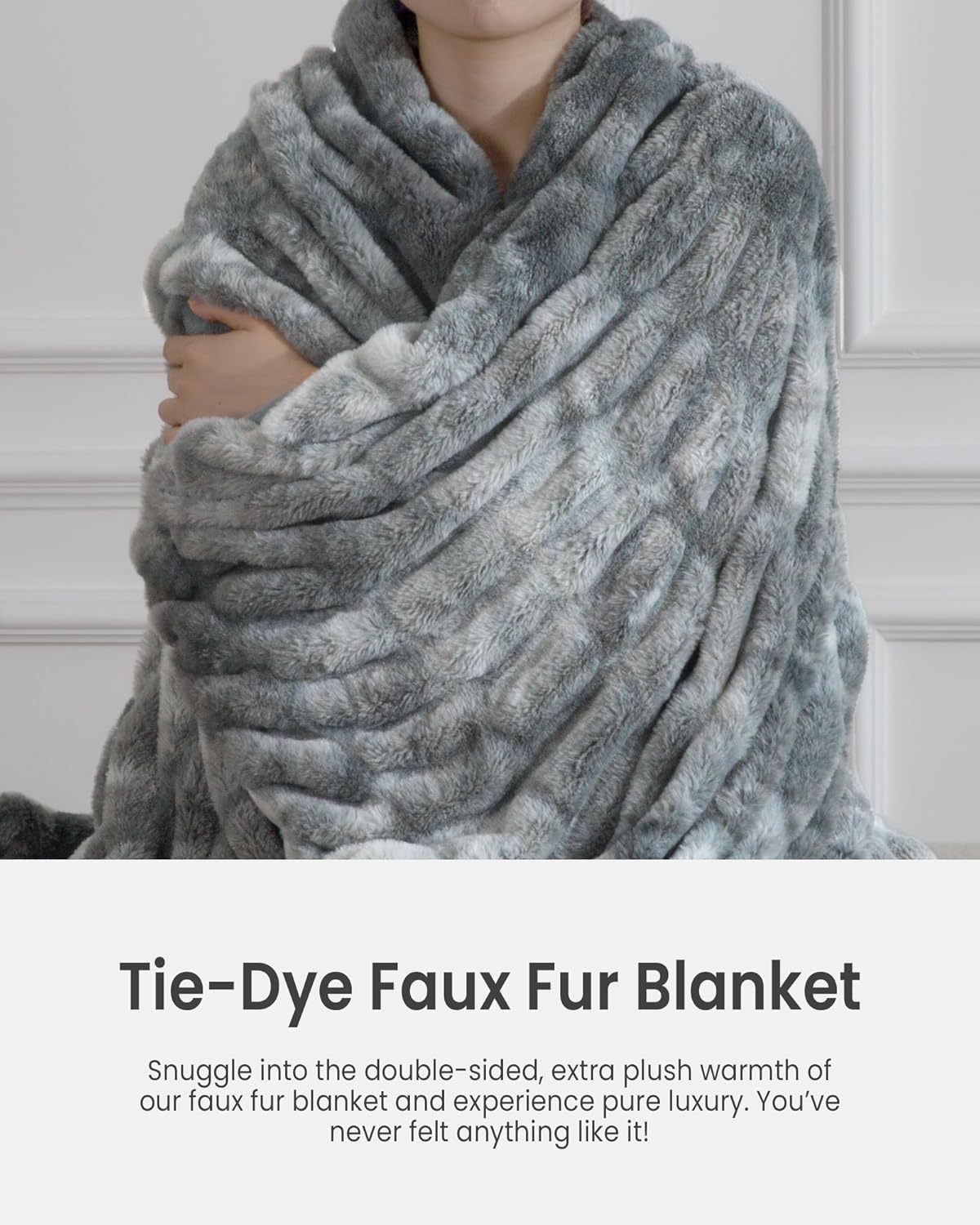 Faux Fur Blanket, Throw Blanket for Couch, Fluffy Blanket with Stretch Ruched Design, Ultra Soft Giftable Home Decor, 50x60 inches, Tie-Dyed in Gray