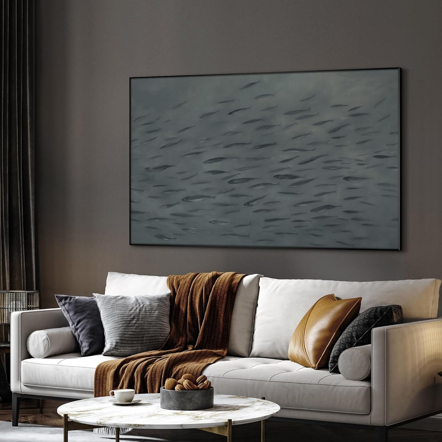 SIGNWIN 36"x60" Extra Large Framed Wall Art Gray School of Fish Minimalist Ocean-Inspired Marine Life Illustration for Home Living Room Bedroom Decor (Frame Assembly Required)