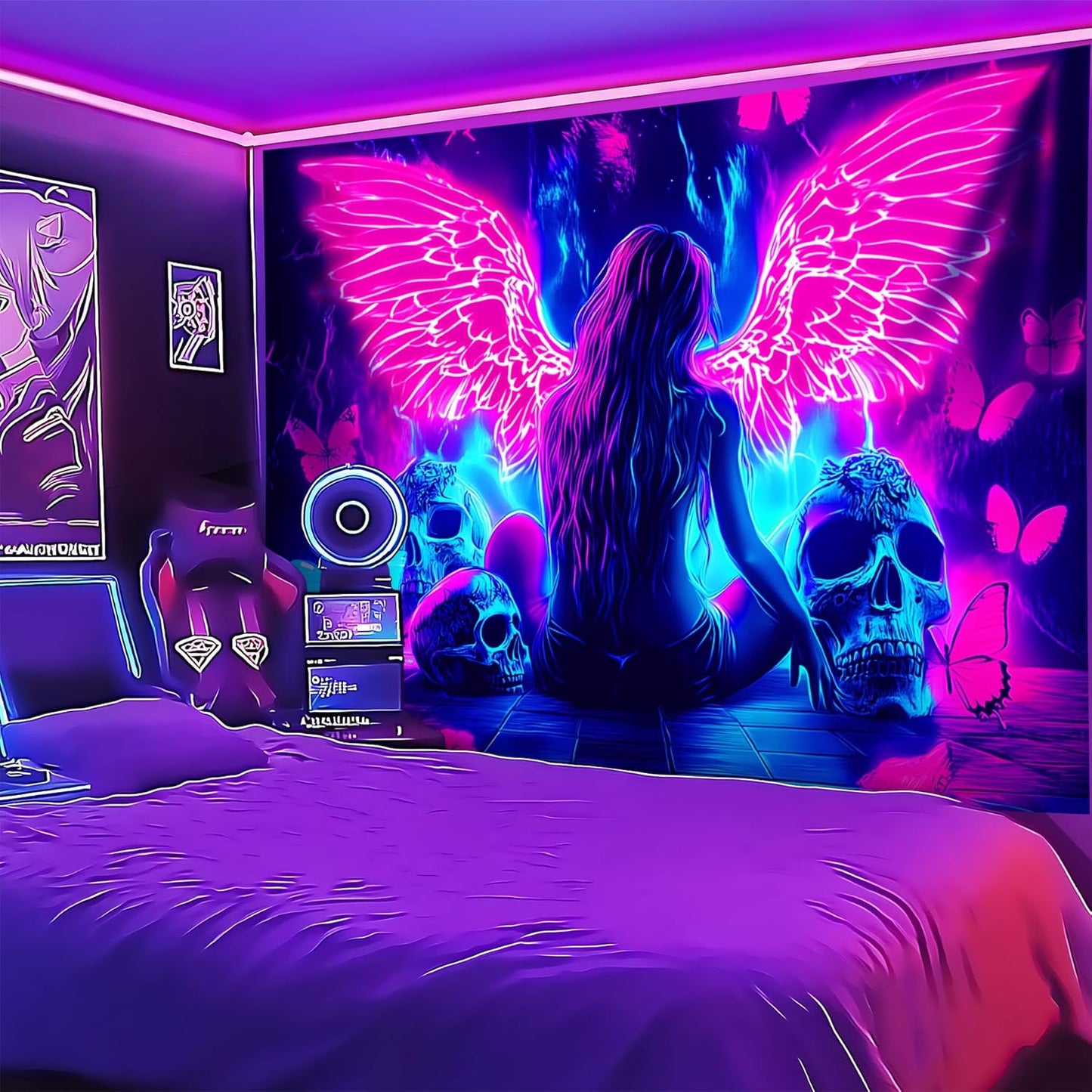 Blacklight Tapestry,WingTapestry Glow In The Dark,UV Reactive Black Light Upright Posters Wall Hanging for Bedroom Dorm Living Room Backdrop Decor (wing12, 79L" x 59W")