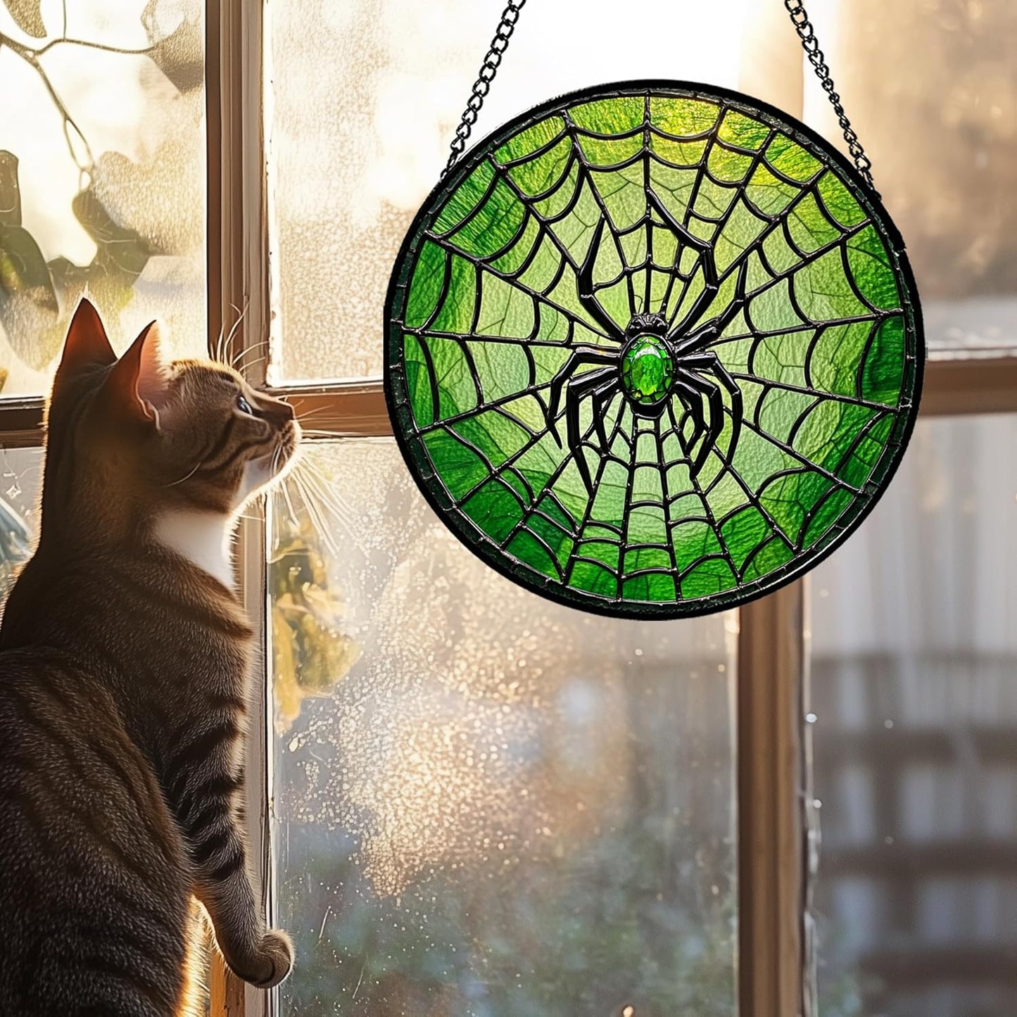 Stained Glass Window Hanging - Black Green Horror Spider Web Suncatcher for Doors Garden Patio Sun Catchers Decor Christmas Halloween Birthday Gifts for Women Men Mom Nana Friend 7.8 in
