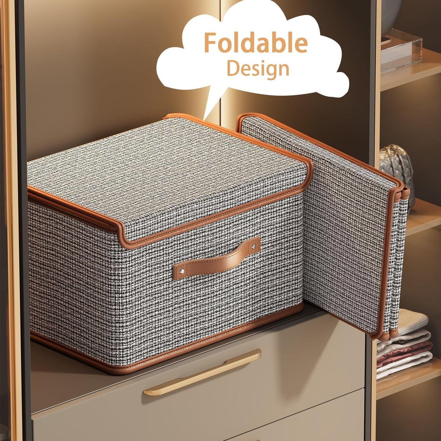 Tuza 4 Pack Storage Bins with Lids, Collapsible Closet Organizer Container, Fabric Organizer Box with Handles, Decorative Storage Boxes with Lids for Organizing Clothes, Books, Light Grey, Large